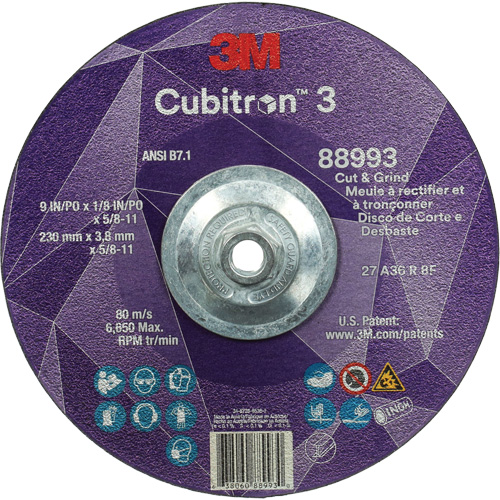 Cubitron 3 Cut and Grind Wheel, 9" x 1/8", 5/8"-11 Arbor, Type 27, 36 Grit, Ceramic Equipment World