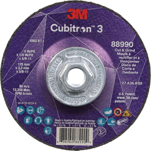 Cubitron 3 Cut and Grind Wheel, 5" x 1/8", 5/8"-11 Arbor, Type 27, 36 Grit, Ceramic Equipment World