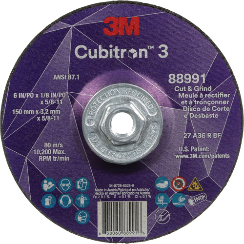 Cubitron 3 Cut and Grind Wheel, 6" x 1/8", 5/8"-11 Arbor, Type 27, 36 Grit, Ceramic Equipment World