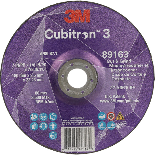 Cubitron 3 Cut and Grind Wheel, 7" x 1/8", 7/8" Arbor, Type 27, 36 Grit, Ceramic Equipment World