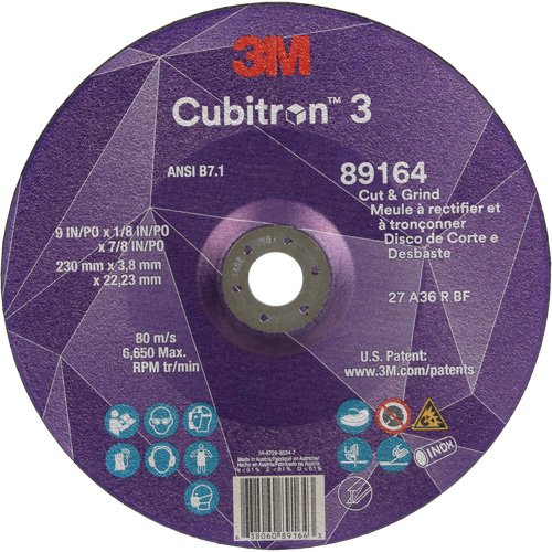 Cubitron 3 Cut and Grind Wheel, 9" x 1/8", 7/8" Arbor, Type 27, 36 Grit, Ceramic Equipment World