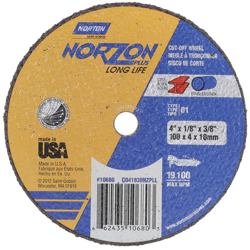 NorZon Plus SGZ CA Small Diameter Cut-Off Wheel, 4" x 1/8", 3/8" Arbor, Type 01/41, Ceramic Alumina, 19100 RPM Equipment World