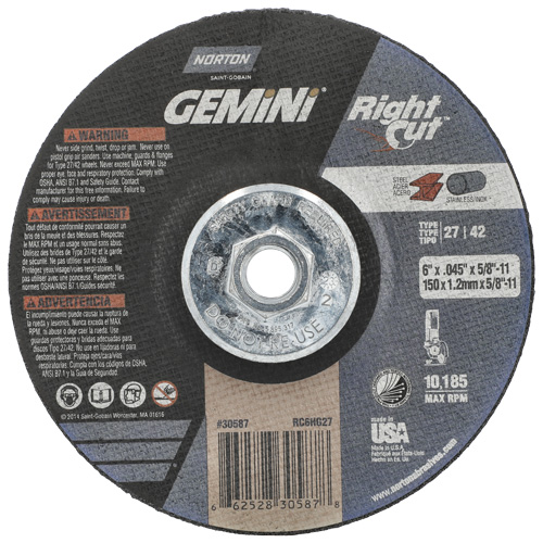 Gemini RightCut Right Angle Cut-Off Wheel, 6" x 0.045", 5/8"-11 Arbor, Type 27/42, Aluminum Oxide, 10185 RPM Equipment World