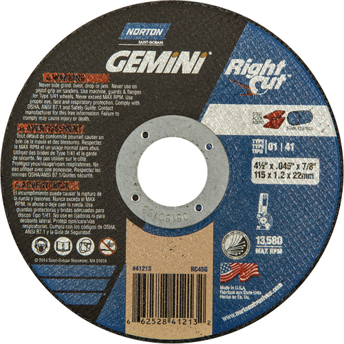 Gemini RightCut Right Angle Cut-Off Wheel, 4-1/2" x 0.045", 7/8" Arbor, Type 01/41, Aluminum Oxide, 13580 RPM Equipment World