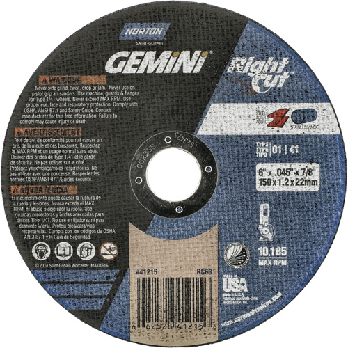Gemini RightCut Right Angle Cut-Off Wheel, 6" x 0.045", 7/8" Arbor, Type 01/41, Aluminum Oxide, 10185 RPM Equipment World