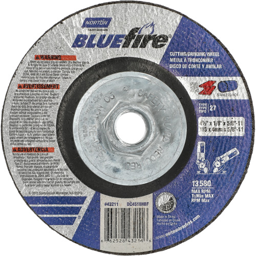Disque de meulage et tronçonnage BlueFire, 4-1/2" x 1/8", Arbre de 5/8"-11, Type 27, Alumine de zirconium Equipment World