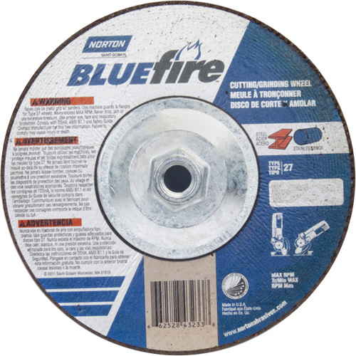 BlueFire Grinding & Cutting Wheel, 7" x 1/8", 5/8"-11 Arbor, Type 27, Zirconia Alumina Equipment World