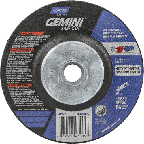 Meule Gemini, 4-1/2" x 1/4", Arbre 5/8"-11, Oxyde d'aluminium, Type 27 Equipment World