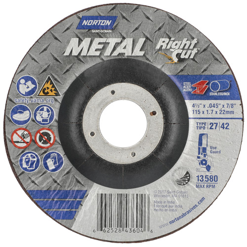 Metal RightCut Right Angle Cut-Off Wheel, 4-1/2" x 0.045", 7/8" Arbor, Type 27, Aluminum Oxide, 13580 RPM Equipment World
