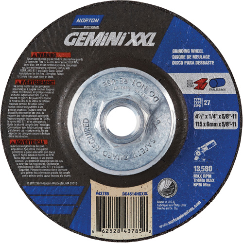 Meule XXL Gemini, 4-1/2" x 1/4", Arbre 5/8"-11, Oxyde d'aluminium, Type 27 Equipment World