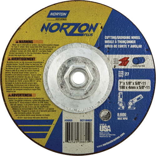 NorZon Plus SGZ  Grinding & Cutting Wheel, 7" x 1/8", 5/8"-11 Arbor, Type 27, Ceramic Alumina Equipment World