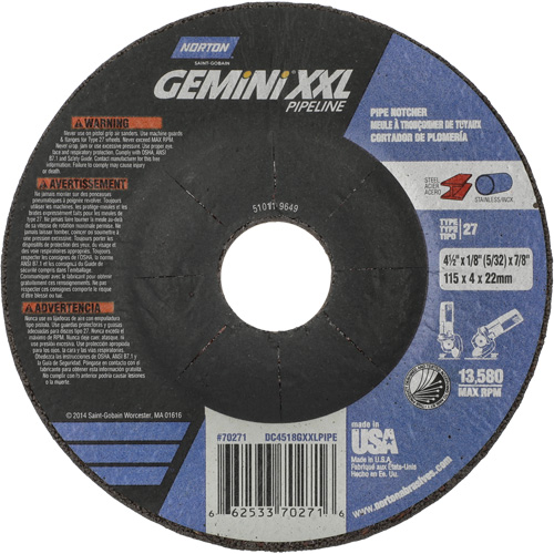 Disque combin&eacute; de meulage et tronçonnage Gemini XXL, 4-1/2" x 1/8", Arbre de 7/8", Type 27, Oxyde d'aluminium Equipment World