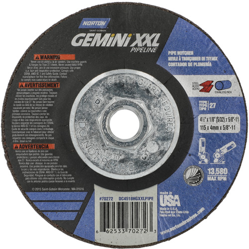 Gemini XXL Grinding & Cutting Wheel, 4-1/2" x 1/8", 5/8"-11 Arbor, Type 27, Aluminum Oxide Equipment World