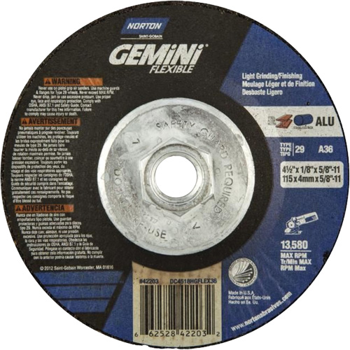 Gemini Flexible A AO Grinding and Cutting Wheel, 4-1/2" x 1/8", 5/8"-11 Arbor, Type 29, Aluminum Oxide, 13580 RPM Equipment World