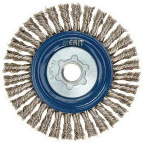 Brosse &agrave; fils nou&eacute;s pour cordons de soudure pour meuleuse angulaire, Dia. 5", Fils 0,02", Arbre 5/8"-11, Acier inoxydable Equipment World