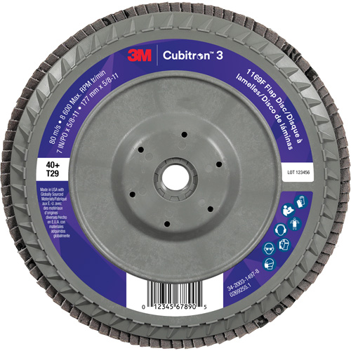 Cubitron 3 Conical  Flap Disc with Quick Change 1169F, 7" x 5/8"-11, Type T29, 40+ Grit, Ceramic Equipment World