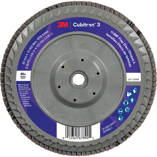 Cubitron 3 Flat Flap Disc with Quick Change 1169F, 6" x 5/8"-11, Type T27, 40+ Grit, Ceramic Equipment World