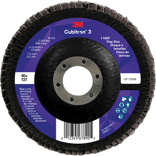 Cubitron 3 Flat Flap Disc 1169F, 4-1/2" x 7/8", Type T27, 40+ Grit, Ceramic Equipment World
