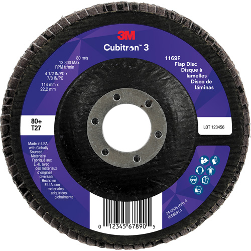 Cubitron 3 Flat Flap Disc 1169F, 4-1/2" x 7/8", Type T27, 80+ Grit, Ceramic Equipment World