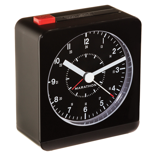 Desk Alarm Clock, Analog, Battery Operated, 3.5" W x 1.5" D x 3.75" H, Black Equipment World