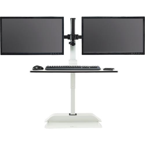 Bureau &eacute;lectrique assis/debout Soar avec bras d&eacute;cran double, Mod&egrave;le de bureau, 37-1/4" h x 27-3/4" la x 22" p, Blanc Equipment World