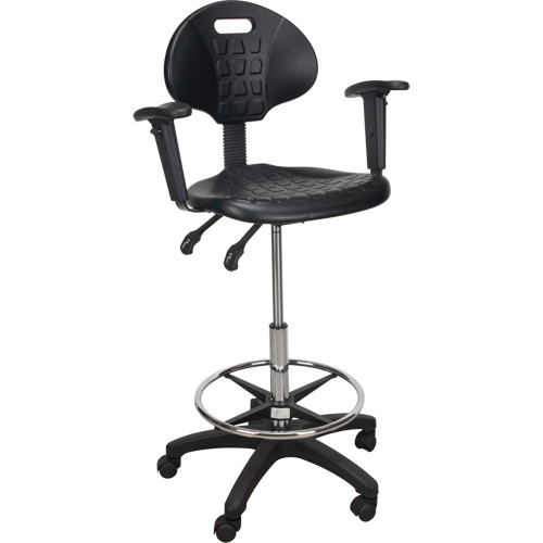 Heavy-Duty Ergonomic Stool with Adjustable Arm Rests & Nylon Stem Casters, Mobile, Adjustable, 39" - 48", Polyurethane Seat, Black Equipment World