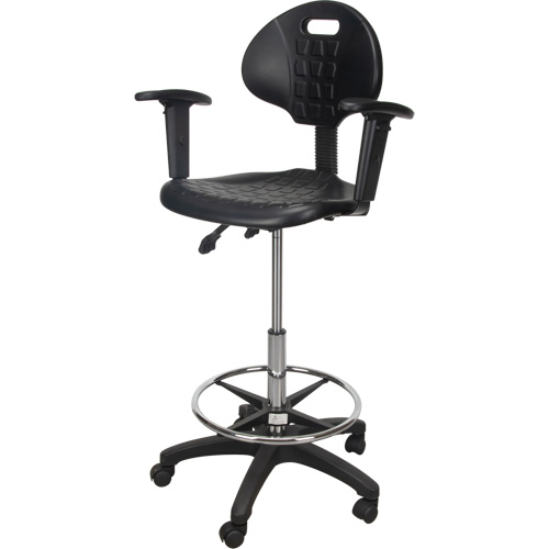 Heavy-Duty Ergonomic Stool with Adjustable Arm Rests & Nylon Stem Casters, Mobile, Adjustable, 39" - 48", Polyurethane Seat, Black Equipment World