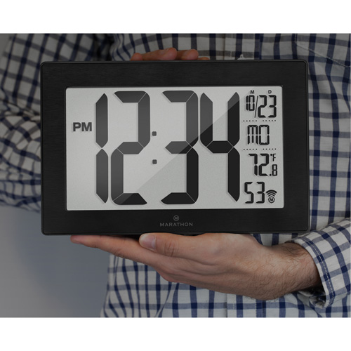 Self-Setting & Self-Adjusting Wall Clock with Stand, Digital, Battery Operated, Black Equipment World