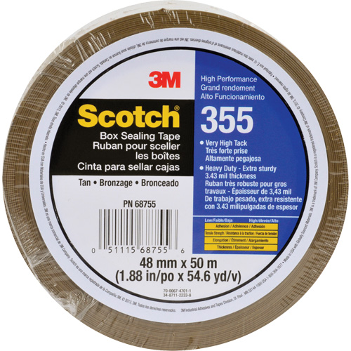Scotch&reg; 355 Box Sealing Tape, Hot Melt Adhesive, 3.4 mils, 48 mm (1-22/25") x 50 m (164') Equipment World