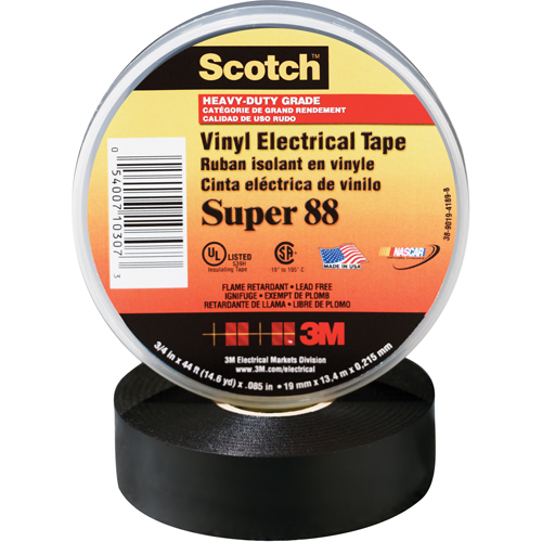 Rubans en vinyle Super 88 Scotch, 19 mm (3/4") x 20,1 m (66'), Noir, 8,5 mils Equipment World