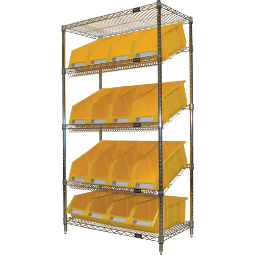 Slanted Wire Shelf with Bins, 5 Tiers, 36" W x 63" H x 18" D Equipment World