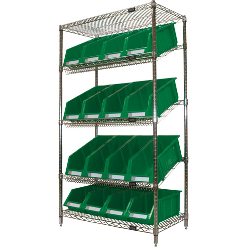 Slanted Wire Shelf with Bins, 5 Tiers, 36" W x 63" H x 18" D Equipment World