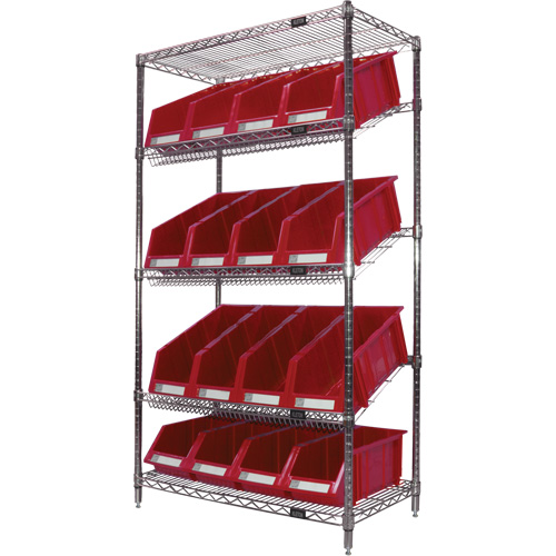 Slanted Wire Shelf with Bins, 5 Tiers, 36" W x 63" H x 18" D Equipment World