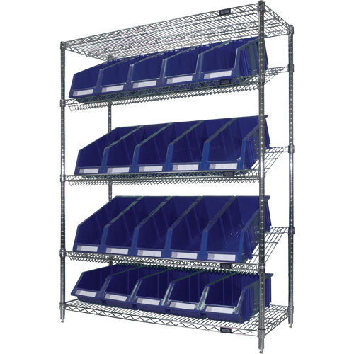 Slanted Wire Shelf with Bins, 5 Tiers, 48" W x 63" H x 18" D Equipment World