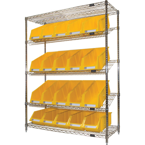 Slanted Wire Shelf with Bins, 5 Tiers, 48" W x 63" H x 18" D Equipment World