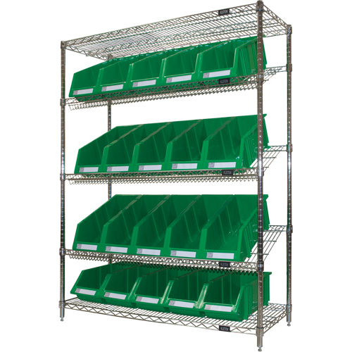 Slanted Wire Shelf with Bins, 5 Tiers, 48" W x 63" H x 18" D Equipment World