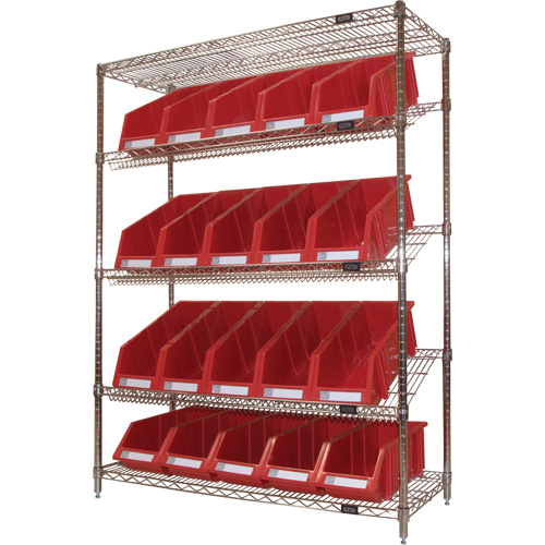 Slanted Wire Shelf with Bins, 5 Tiers, 48" W x 63" H x 18" D Equipment World