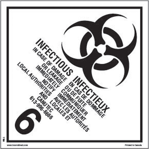 TDG Shipping Labels, Class 6.2, Infectious Substances, Vinyl Equipment World