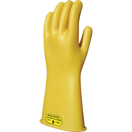 Yellow Natural Rubber Insulating Gloves, ASTM Class 2, Size 8, 14" L Equipment World