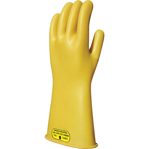 Yellow Natural Rubber Insulating Gloves, ASTM Class 2, Size 8, 16" L Equipment World