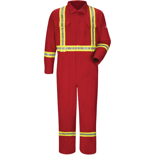 Flame-Resistant Deluxe Coveralls with Reflective Trim, Size 38, Red, 5.6 cal/cm² Equipment World