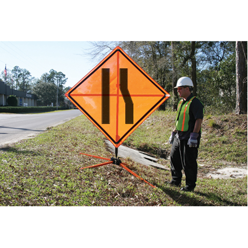 Tilt-Adjust Merge Left Roll-Up Construction Sign, 36" x 36", Vinyl, Pictogram Equipment World