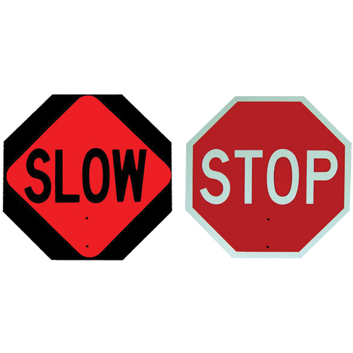 Double-Sided "Stop/Slow" Traffic Control Sign, 18" x 18", Plastic, English with Pictogram Equipment World