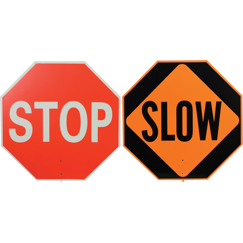 Double-Sided "Stop/Slow" Traffic Control Sign, 18" x 18", Plastic, English with Pictogram Equipment World