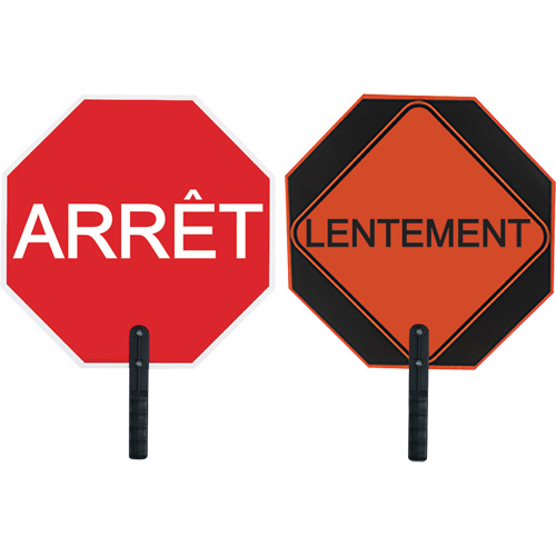 Double-Sided "Arr&ecirc;t/Lentement" Traffic Control Sign, 18" x 18", Aluminum, French with Pictogram Equipment World