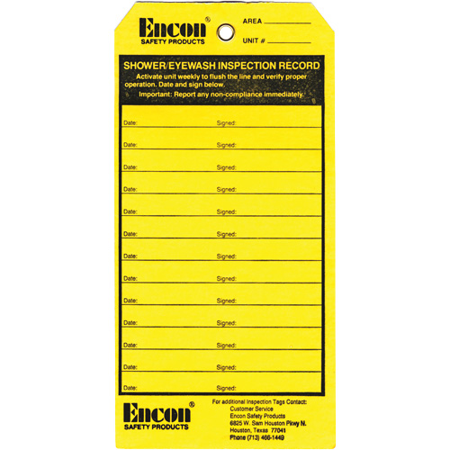 Emergency Shower & Eyewash Inspection Record Tag, Cardstock, 3-1/8" W x 6-1/4" H, English Equipment World