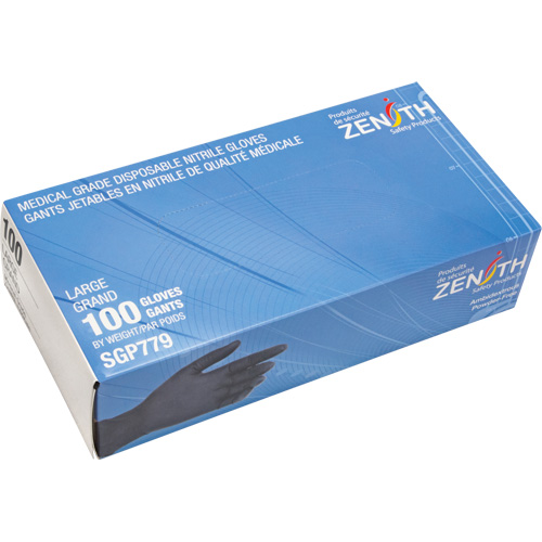 Gants jetables de calibre m&eacute;dical r&eacute;sistants &agrave; la perforation, Grand, Nitrile, 5 mils, Sans poudre, Noir, Classe 2 Equipment World