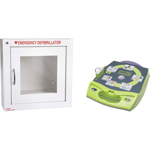 AED Plus&reg; Defibrillator with Alarmed Flush Wall Cabinet, Automatic, English, Class 4 Equipment World