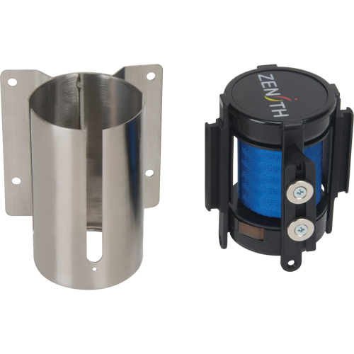 Barri&egrave;re &agrave; fixation murale avec ruban magn&eacute;tique, Acier, Fixation par vis, 7', Ruban Bleu Equipment World