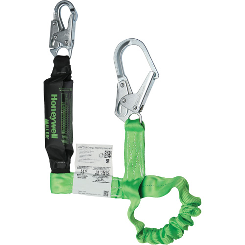 Miller&reg; StretchStop&reg; Shock-Absorbing Lanyard, 6', Locking Rebar Hook Center, Locking Snap Hook Leg Ends, Polyester Equipment World